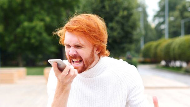 Angry Man with Red Hairs Screaming on Phone, Outdoor, Outdoor - Photo, Image