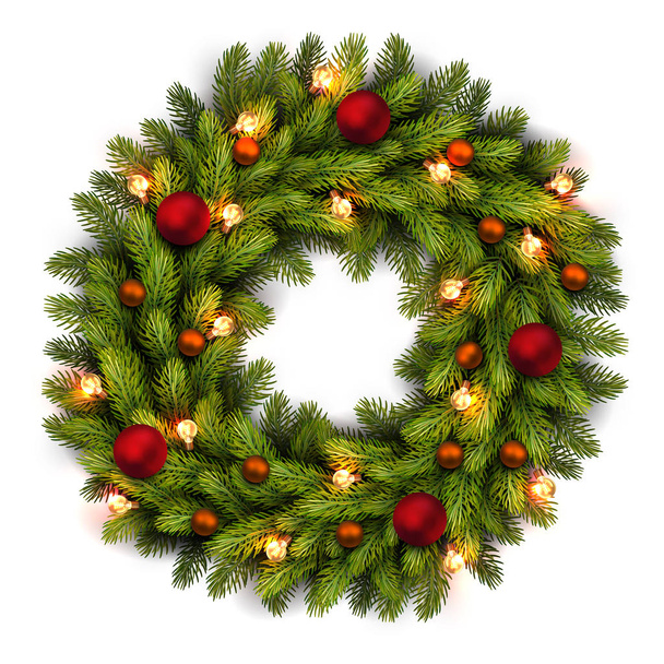 Christmas greeting card and background. Christmas wreath with bulbs and red, orange balls. Vector Vector illustration. - Vektör, Görsel