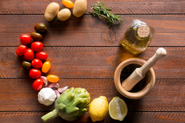 Fresh organic food vegetables . Top view, wooden dark table - Fotografie, Obrázek