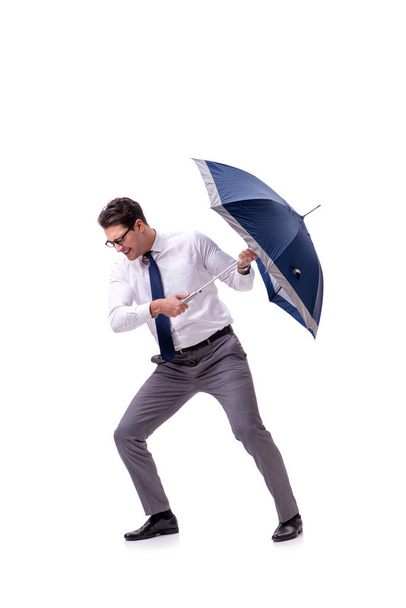 Young businessman with umbrella isolated on white - Foto, Bild