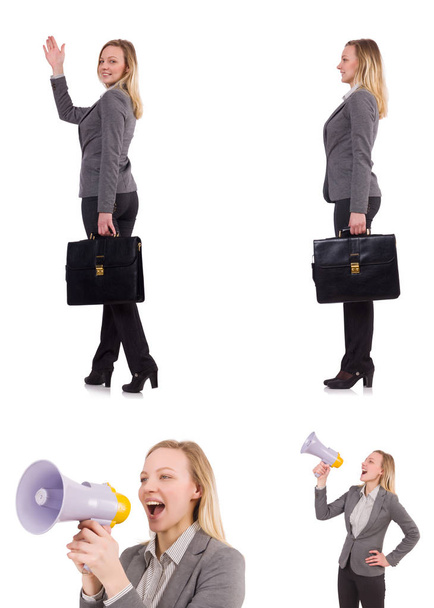 Mujer de negocios con megáfono aislado en blanco
 - Foto, Imagen