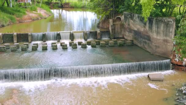 Συνεχής νερό κίνημα σκηνή του weir ή φράγμα να επιβραδύνει τη ροή του νερού στον ποταμό. Υπάρχουν φρέσκα πρασίνου στην Ταϊλάνδη. - Πλάνα, βίντεο