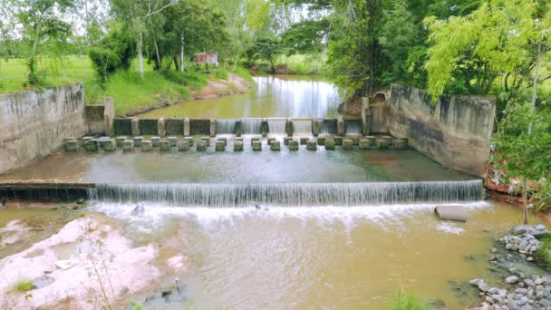 Jatkuva veden liike kohtaus Weirin tai padon hidastaa veden virtausta joessa. Thaimaassa on tuoreita viheralueita
. - Materiaali, video