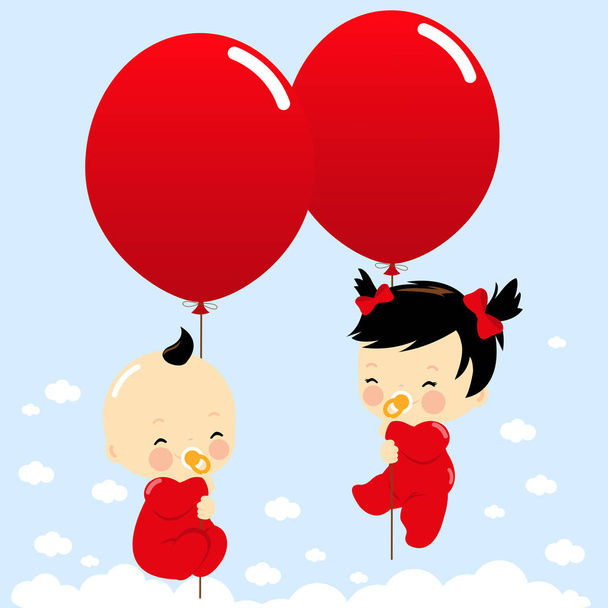 Asian twin babies holding balloons - Wektor, obraz