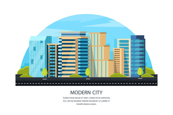 modern city with skyscrapers. Urban buildings near the road, street landscape. Vector illustration - Vector, imagen