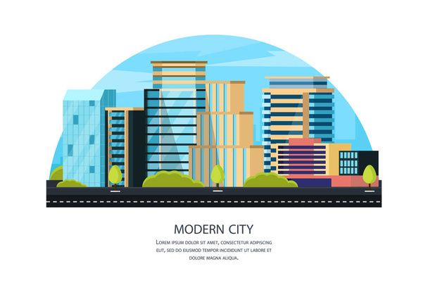 modern city with skyscrapers. Urban buildings near the road, street landscape. Vector illustration - Vettoriali, immagini