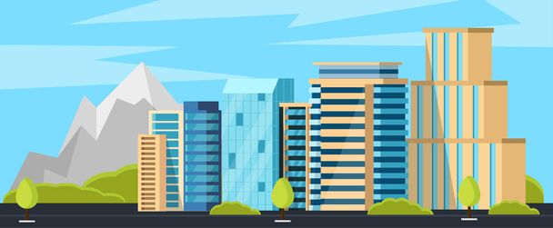 modern city with skyscrapers. Urban buildings near the road, street landscape. Vector illustration - Vector, imagen