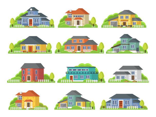 Set of colorful houses. Street with modern buildings. Private houses with their own garden. Modern city architecture concept. Different modern design structures vector illustration. - Vector, Image