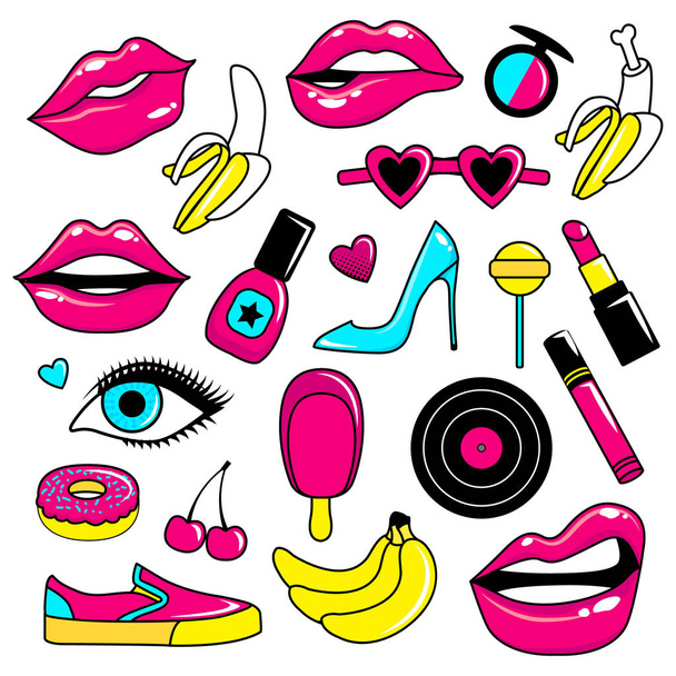 Fashion patch badges with lips, hearts,shoes, lipstick,cosmetics, stars and other elements. Set of stickers and patches in cartoon 80s-90s comic style. Vector illustration on white background. - Vector, imagen