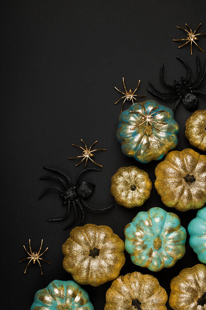 Shiny gold and blue Pumpkins with spiders - Zdjęcie, obraz