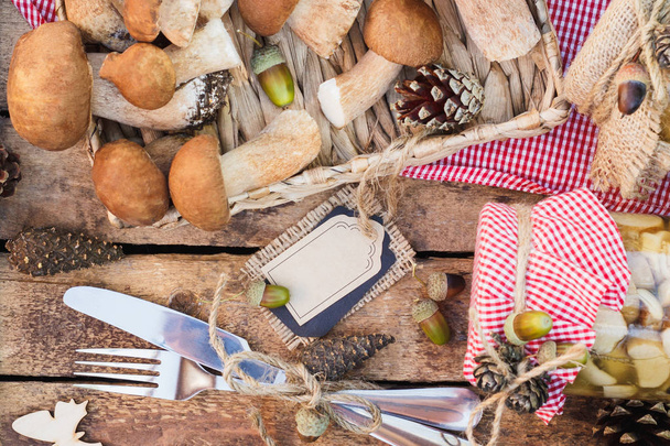 Raw white mushrooms, pine cones and decorative tag - Фото, изображение