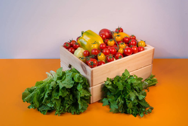 bioélelmiszerek háttér zöldség kosárban. paradicsom, paprika, petrezselyem - Fotó, kép