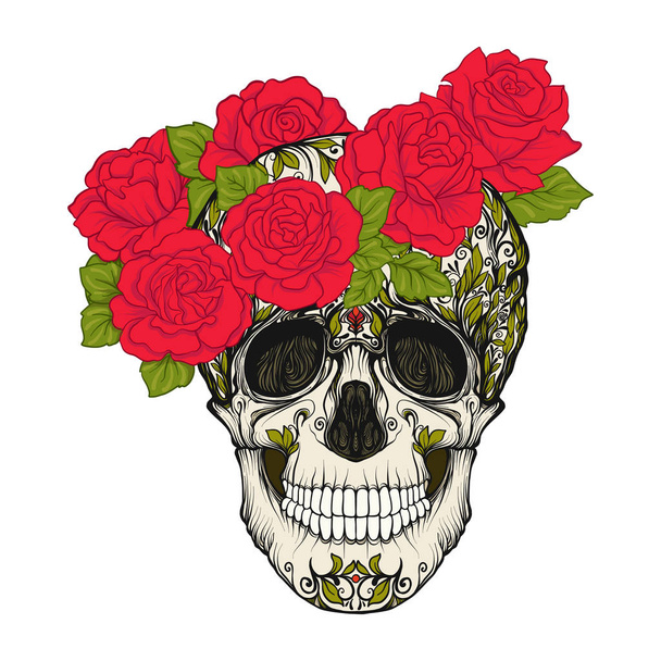Sugar skull with decorative pattern and a wreath of red roses. - Vetor, Imagem