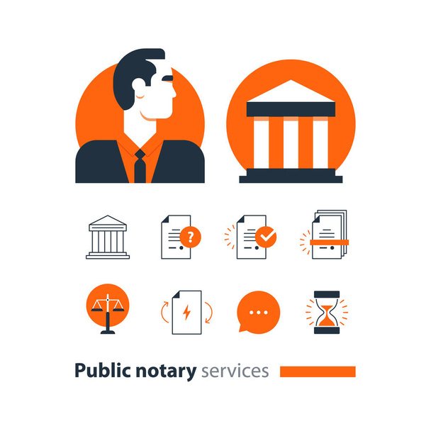 Public notary services icons set, law firm man advocacy consult document certify - Vector, Image