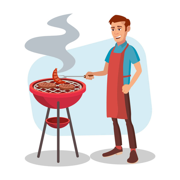 BBQ Cooking Vector. Man Cook Grill Meat On Bbq. Isolated Flat Cartoon Character Illustration - Vector, Image
