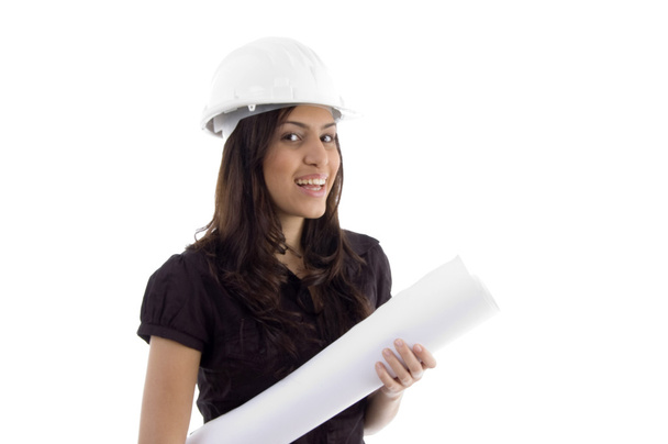 Female architect holding blueprints - 写真・画像