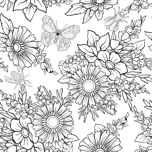 Floral seamless pattern with butterflies - Vector, imagen