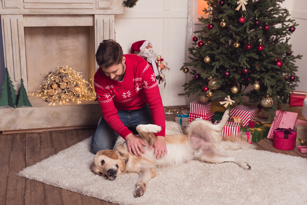 man playing with dog at christmastime - Valokuva, kuva