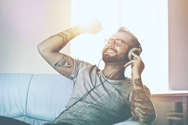 happy emotional man listening - Foto, Imagen