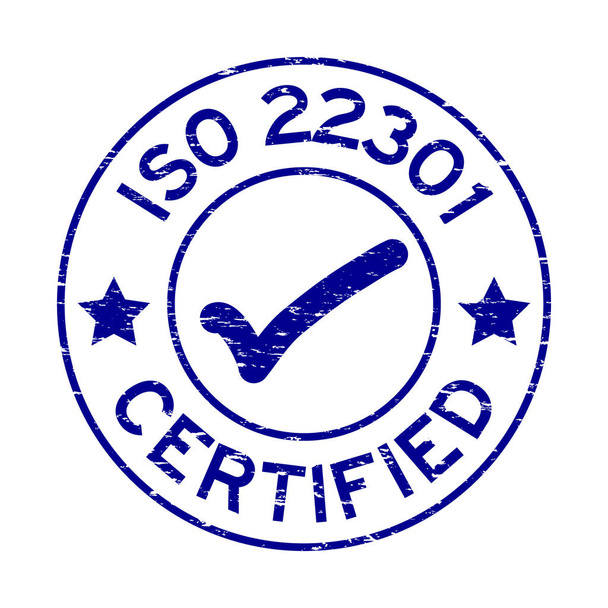 Grunge blu ISO 22301 certificato timbro guarnizione di gomma rotonda su sfondo bianco
 - Vettoriali, immagini