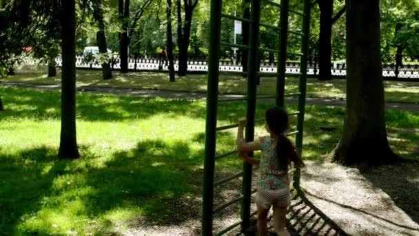 kleines schönes Mädchen treibt Sport am Barren im Sommer Stadtpark. - Filmmaterial, Video