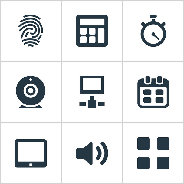 Vector Illustration Set Of Simple Digital Icons. Elements Fingerprint, Network, Adding Device And Other Synonyms Videochat, Table And Day. - Vector, Image