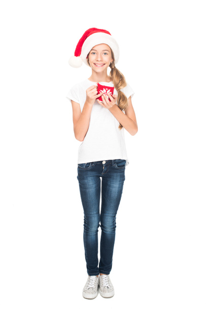 adolescente em chapéu de Santa com café
 - Foto, Imagem