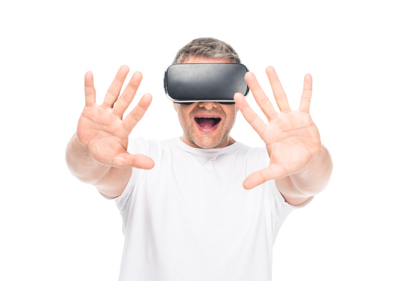 excited man using vr headset - 写真・画像