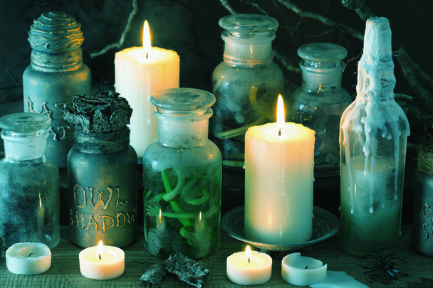 witch apothecary jars magic potions book halloween decoration - Photo, Image