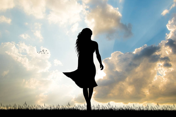 woman walking with her skirt in the wind - Foto, Imagem