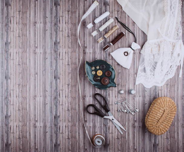Background with sewing tools and accessories. - Foto, Bild