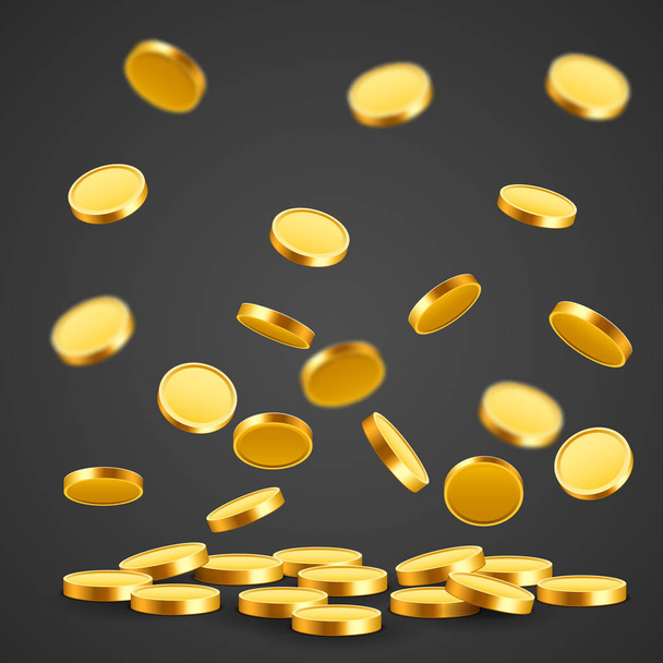 Falling coins, falling money, flying gold coins, golden rain. Jackpot or success concept. Modern background. - Vektor, kép