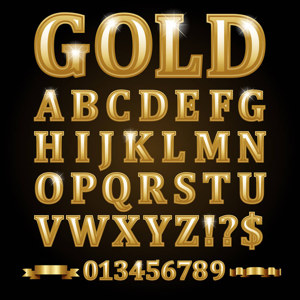 Gold alphabetical letters isolated on black - Vettoriali, immagini