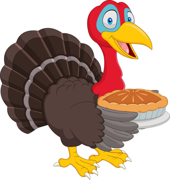 Happy thanksgiving card with turkey holding pie - Vector, Image