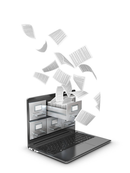 Saving data in the network, archives. Flying documents from a laptop. 3d illustration - Fotoğraf, Görsel