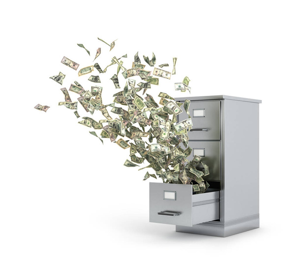 Fliegendes Geld aus einem Schließfach, um Dokumente aufzubewahren. 3D-Illustration - Foto, Bild
