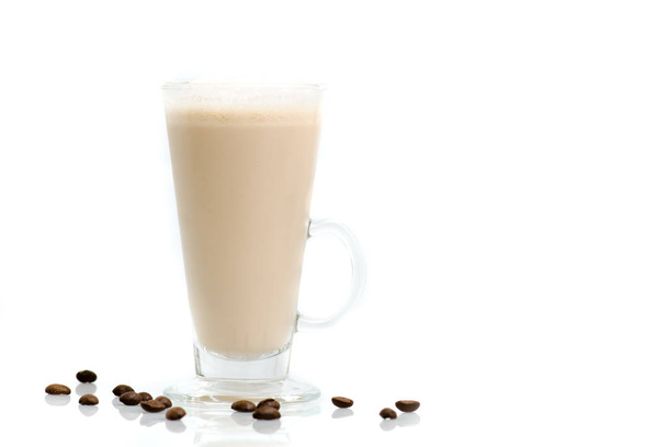 Iced coffee in tall glass with foam and coffee beans horizontal  - Photo, Image