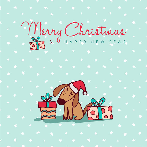 Christmas and new year cute puppy cartoon card - Vektori, kuva