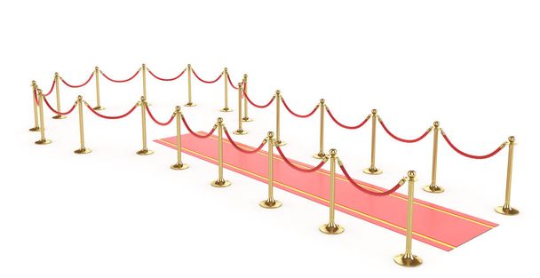 Red event carpet with VIP fence on a white background. 3d illustration - Valokuva, kuva
