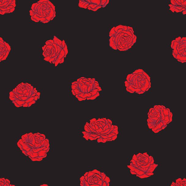 Seamless pattern with embroidery imitation red roses on black ba - Vetor, Imagem