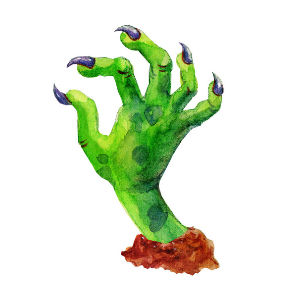 Cartoon watercolor zombie hand crawls out of the earth illustration Isolated on white background. Great for Happy Halloween party decoration. - Φωτογραφία, εικόνα