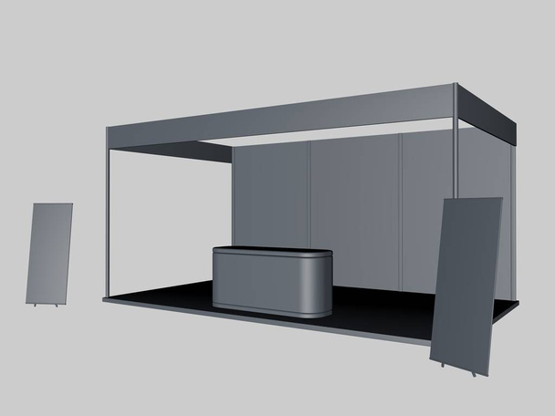3D-рендеринг серого экспоната с двумя плакатами и письменным столом
 - Фото, изображение