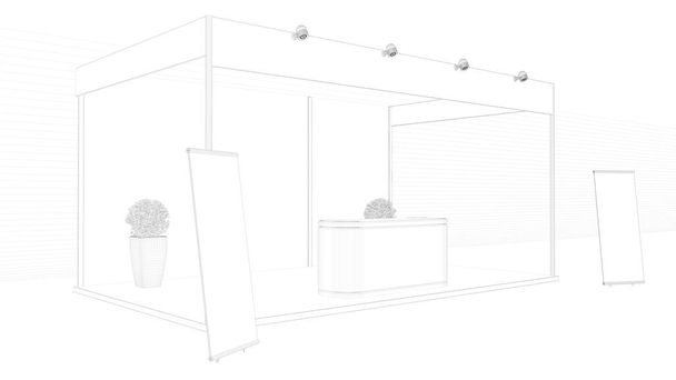 白い背景で隔離の輪郭を描かれた展覧会の 3 d レンダリング - 写真・画像