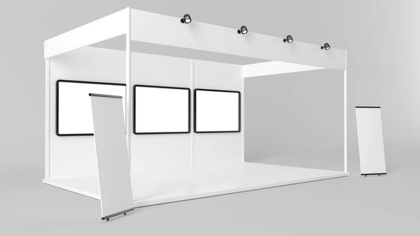 3d rendering of a white creative exhibition kiosk for branding  - Photo, Image