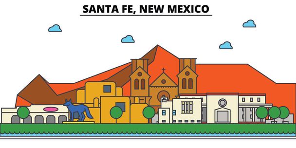Santa Fé, Nové Mexiko. Městské panorama architektura, budovy, ulice, silueta, krajina, panorama, zajímavosti. Upravitelné tahy. Plochý design vyvázání vektorové ilustrace. Izolované ikony - Vektor, obrázek