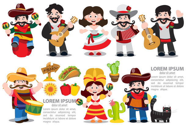 Mexicaanse tekens in traditionele kleding  - Vector, afbeelding