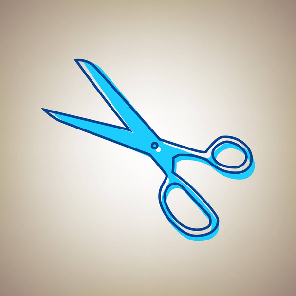 Scissors sign illustration. Vector. Sky blue icon with defected blue contour on beige background. - Vector, Image