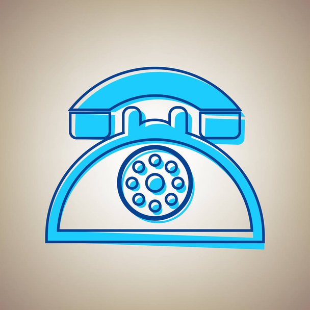Retro telephone sign. Vector. Sky blue icon with defected blue contour on beige background. - Vector, Imagen