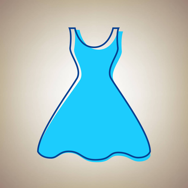 Woman dress sign. Vector. Sky blue icon with defected blue contour on beige background. - Vector, Image