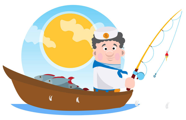 Sailor character on boat - Вектор, зображення
